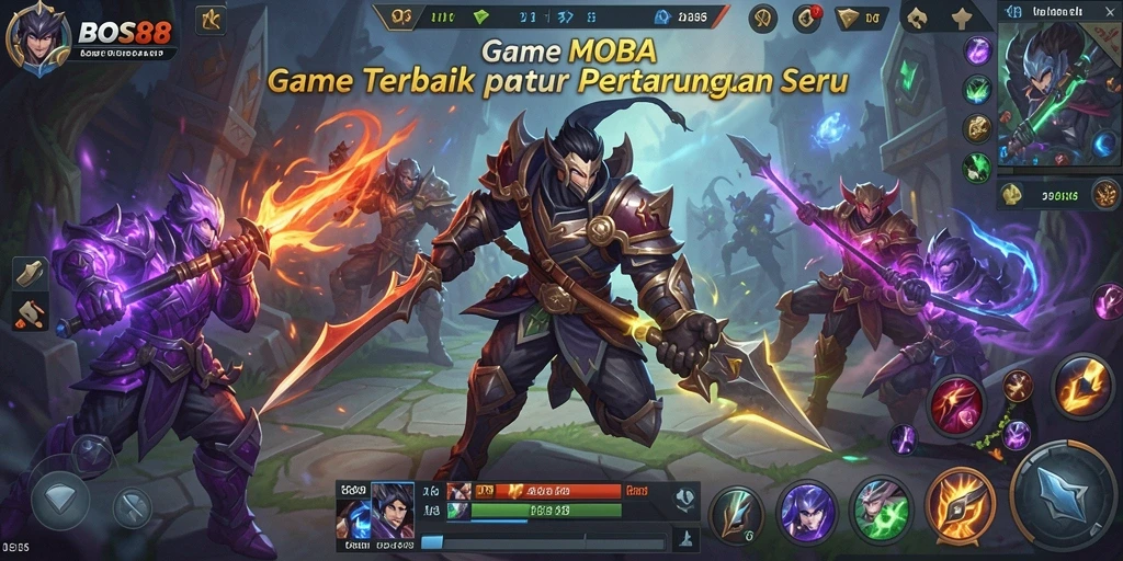 Screenshot gameplay BOS88 menampilkan aksi pertarungan MOBA yang seru.