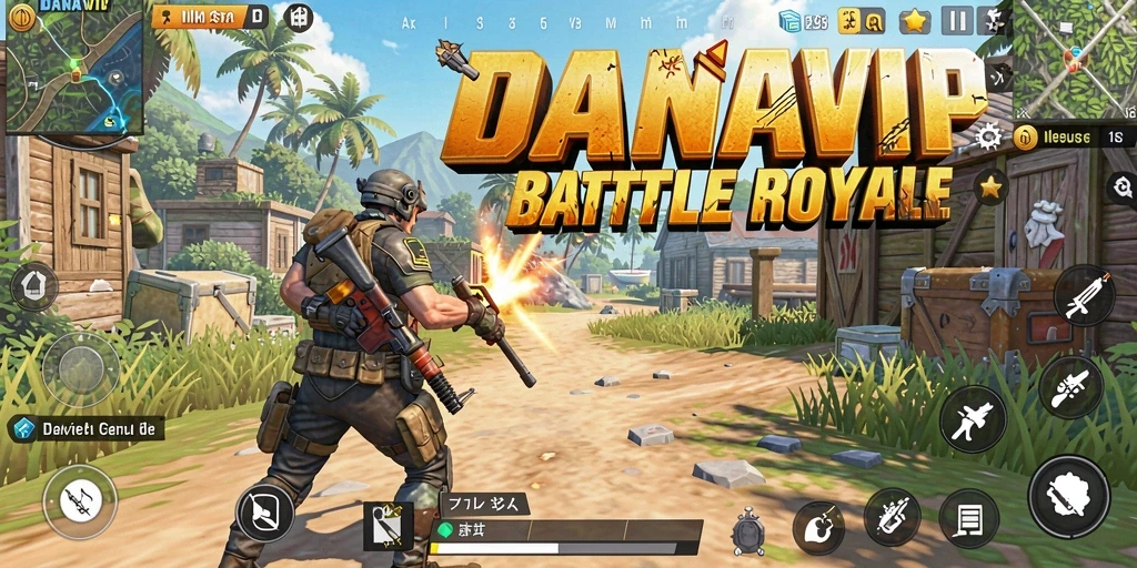 Screenshot permainan <strong>DANAVIP</strong> menunjukkan aksi Battle Royale yang mendebarkan.