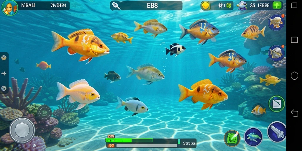 Tangkapan layar E88 menampilkan aksi seru menembak ikan di bawah laut.