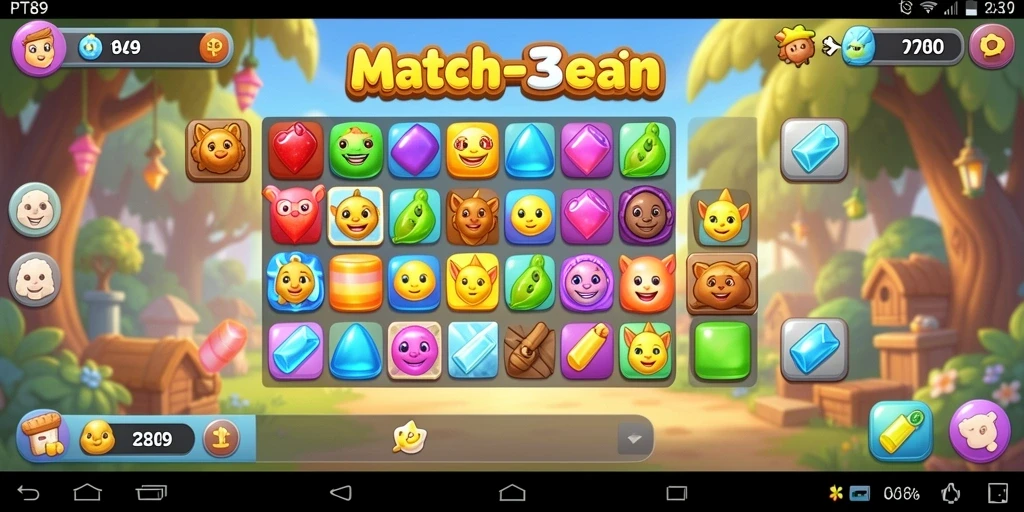 Screenshot utama PT89 menampilkan gameplay Match-3 yang penuh warna.