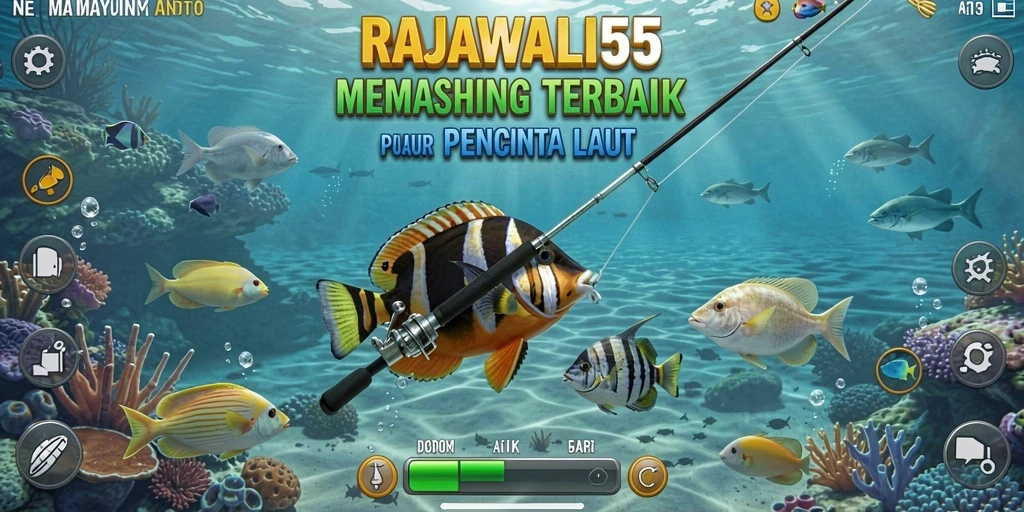 Gameplay RAJAWALI55 yang menampilkan aksi memancing seru di laut.